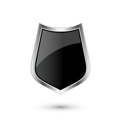 Vintage heraldic 3d shield icon with shiny metal frame. Black protection, security and defence symbol. Medieval design element. Vector illustration