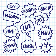 Hand drawn comic speech bubbles on checkered paper sheet. School notebook for drawing. Simple retro cartoon stickers. Chatting, message box. Vector illustration