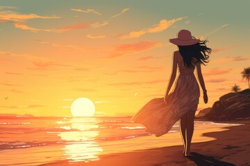 Solitary beauty strolling towards the sun at the beach, sunset, Generative AI