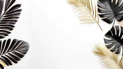 Gold and black flat lay tropical palm leaf branches on white background. Room for text, copy, lettering.
