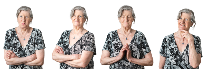 Old senior grey-haired woman with osteoarthritis collage set doing funny face, zen face and looking charming. White transparent background portraits