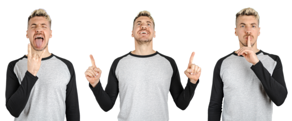 Set collage of man poses doing facial gestures. Heavy metal face, pointing and looking up and keep silence sign. White transparent background