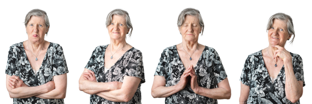 Old senior grey-haired woman with osteoarthritis collage set doing funny face, zen face and looking charming. White transparent background portraits