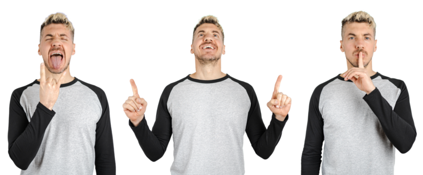 Set collage of man poses doing facial gestures. Heavy metal face, pointing and looking up and keep silence sign. White transparent background