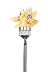 Fork with tasty pasta isolated on white