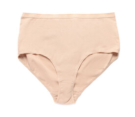 Fototapeta na wymiar Comfortable beige women's underwear isolated on white, top view