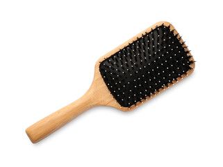 New wooden hair brush isolated on white, top view