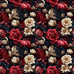 Gothic Red, Yellow, Black Flowers Digital Paper, Antique Flowers Seamless Pattern, Floral Prints, Flowers Background