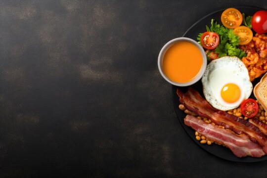 English breakfast on a plate with scrambled eggs, sausages, bacon, beans, toast and coffee on a dark stone background. ai generative