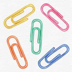 Colorful paper clips vector set in watercolor style, office stationery and supplies