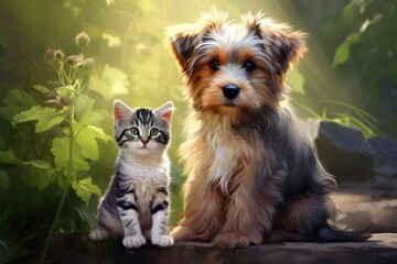 little kitten and puppy. ai generative