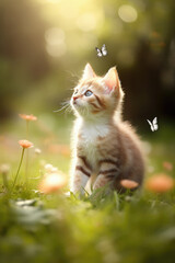 Naklejka na ściany i meble Cute Kitten Playing with Butterfly in a Summer Meadow