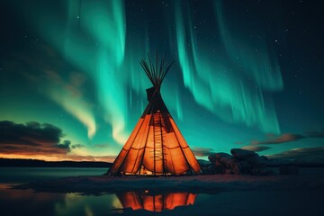 Night landscape with Indian hut and northern lights, culture concept. Generative AI