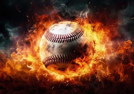 Baseball ball, in flames, on black background, digital illustration. Generative AI