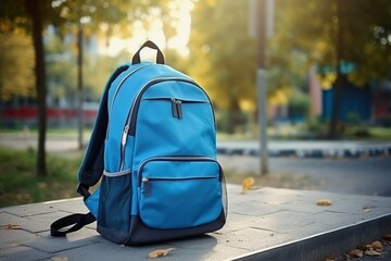 Blue school bag, bokeh background. Generative AI