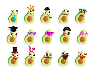 Obraz premium Funny avocado characters emoji in carnival mask crown ears and headdress hat set isometric vector