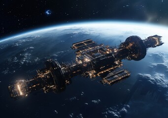 Technological and futuristic space station, planet earth in background, fiction concept. Generative AI