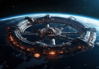 Technological and futuristic space station, planet earth in background, fiction concept. Generative AI