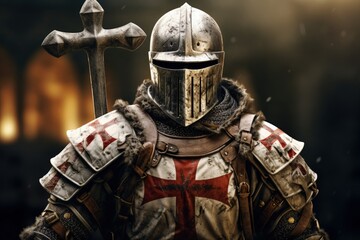 Fototapeta premium Templar knight with armor, bokeh background, history and fantasy concept. Generative AI