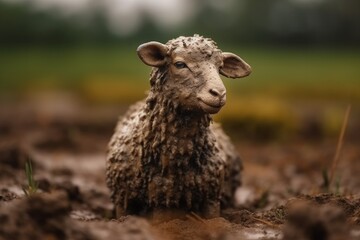 Little lost sheep covered in mud, the shepherd is looking for the sheep. Generative AI