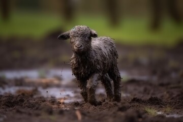 Little lost sheep covered in mud, the shepherd is looking for the sheep. Generative AI