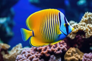 Naklejka na ściany i meble Landscape with colorful fish and corals under the sea, marine life. Generative AI