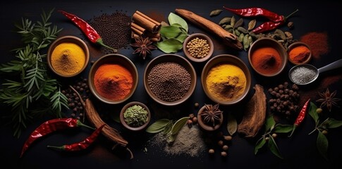 Digital illustration of various spices and condiments, Indian cuisine. Generative AI
