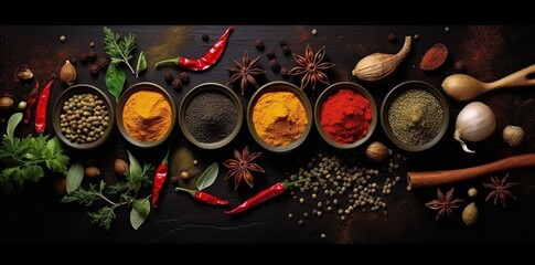 Obraz na płótnie Canvas Digital illustration of various spices and condiments, Indian cuisine. Generative AI