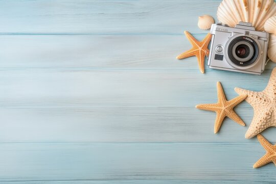 Blue wooden background with starfish and old photo camera. Generative AI