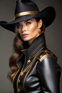 Beautiful brunette in American cavalry hat and coat in studio photo shoot. Generative AI_1.