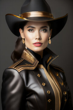 Beautiful brunette in American cavalry hat and coat in studio photo shoot. Generative AI_4.