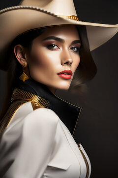 Beautiful brunette in American cavalry hat and coat in studio photo shoot. Generative AI_2.