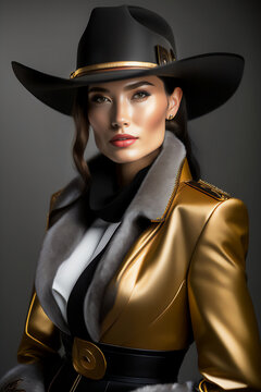 Beautiful brunette in American cavalry hat and coat in studio photo shoot. Generative AI_3.