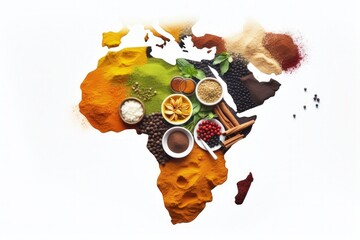 Africa map illustration with seasonings and spices, African cuisine concept. Generative AI
