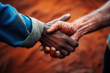 Red dirt dirty workers hand, heavy duty concept. Generative AI