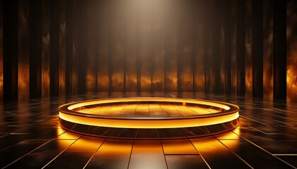Gold empty podium floating in the air in dark scene with wall of line vertical gold neon lamps around