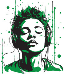 Boy's face with headphones portrayed in splash painting style, combining dynamic splatters and vivid colors to create an eye-catching and modern artwork.