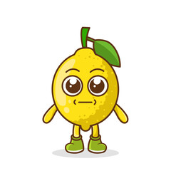 a picture of lemon fruit with a flat expression. No words straight face lemon fruit emoji. Vector flat design emoticon icon isolated on white background.