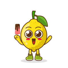 Cute smiling cartoon style lemon fruit character holding in hand ice cream, popsicle.