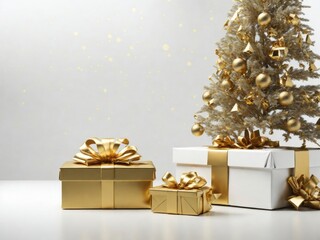 Gold Christmas tree with gift box on white background. Generative AI
