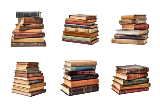 a pile of old books collection isolated on a transparent background