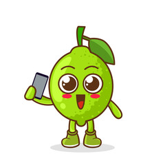 lime fruit cartoon character holding a smartphone