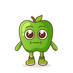 a picture of green apple fruit with a flat expression. No words straight face green apple fruit emoji. Vector flat design emoticon icon isolated on white background.