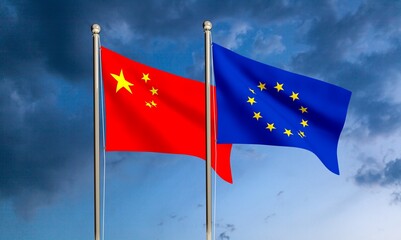 China and EU flag waving on a cloudy sky.