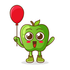 Cartoon of green apple fruit holding a balloon , character design