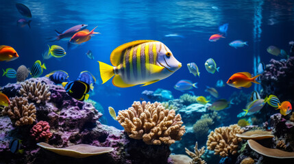A vibrant coral reef teeming with a diverse array of fish species