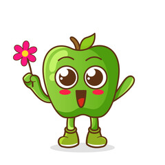 Cute cartoon green apple fruit character holding flower