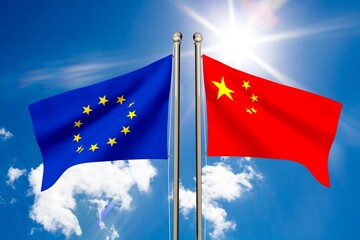 China and EU flag waving on a cloudy sky.