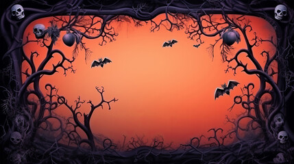 A spooky Halloween scene with bats and pumpkins
