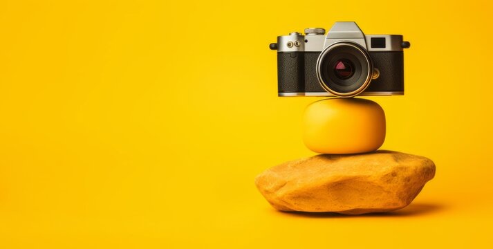 Retro Photo-camera On Bright Yellow Backdrop. World Photography Day, Life Style And Travelling Concept.  Creative Balanced Installation. Collage, Poster, Wide Banner. AI Generated Digital Design.